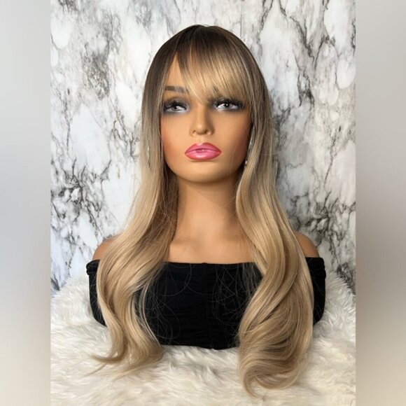 22 Inch Brown Roots Light Blonde Medium Balayage Wig with bangs Natural Look - Picture 7 of 8